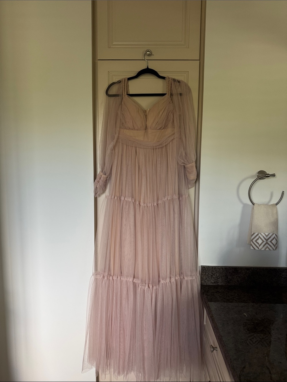 Romantic Long-Sleeve Tiered Maxi Dress in Dusty Pink